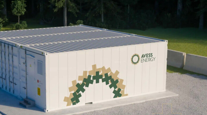 Artist's impression of one of AVESS Energy's vanadium redox flow batteries with the company's logo on the side