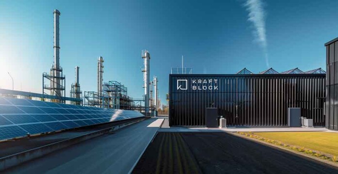 Rendered image depicting industrial smokestacks, solar panels and large container with Kraftblock branding