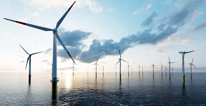 Floating offshore wind turbines against cloudy blue sky (gippsland)