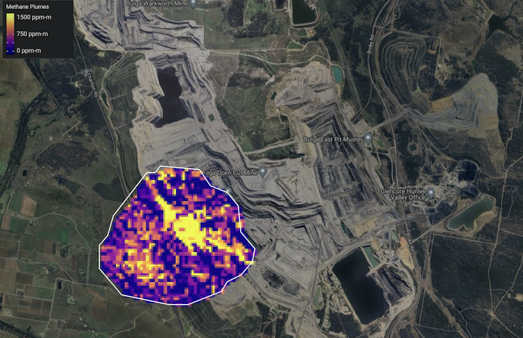 Glencore’s Hunter Valley Coal Mine as seen from above, with satellite data showing a plume of methane on one side